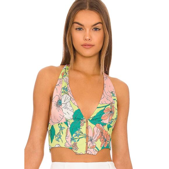 AFRM Halter Top Womens Medium Ramona Multicolor Floral Print Hook Closure Crop - Picture 1 of 7